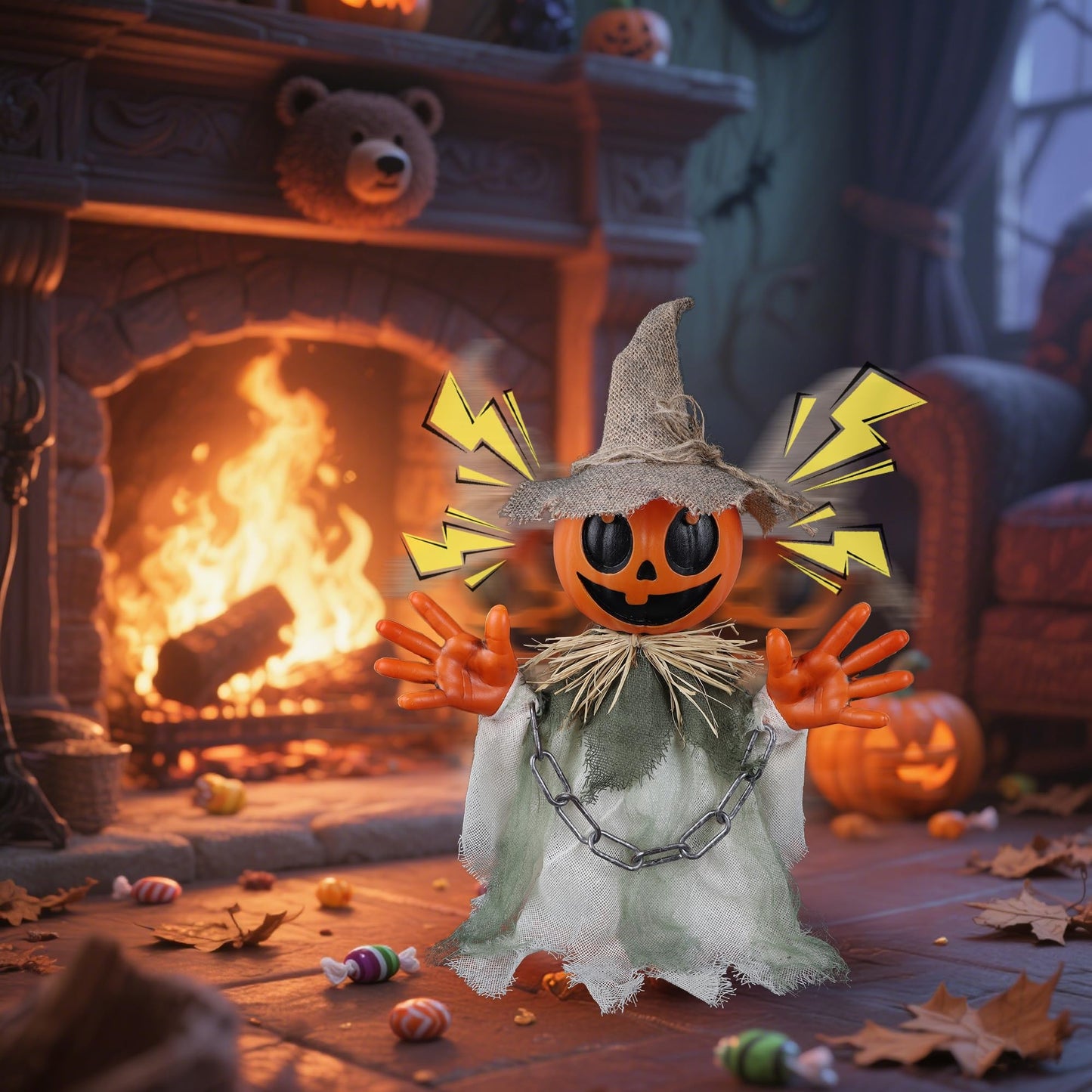 Prsildan Animatronic Halloween Decorations – 16″ Walking Pumpkin Ghost with Sound & Touch Sensor, Scary-Cute Animated Halloween Prop with Spooky Sound for Indoor Home & Outdoor Yard, Lawn Decor