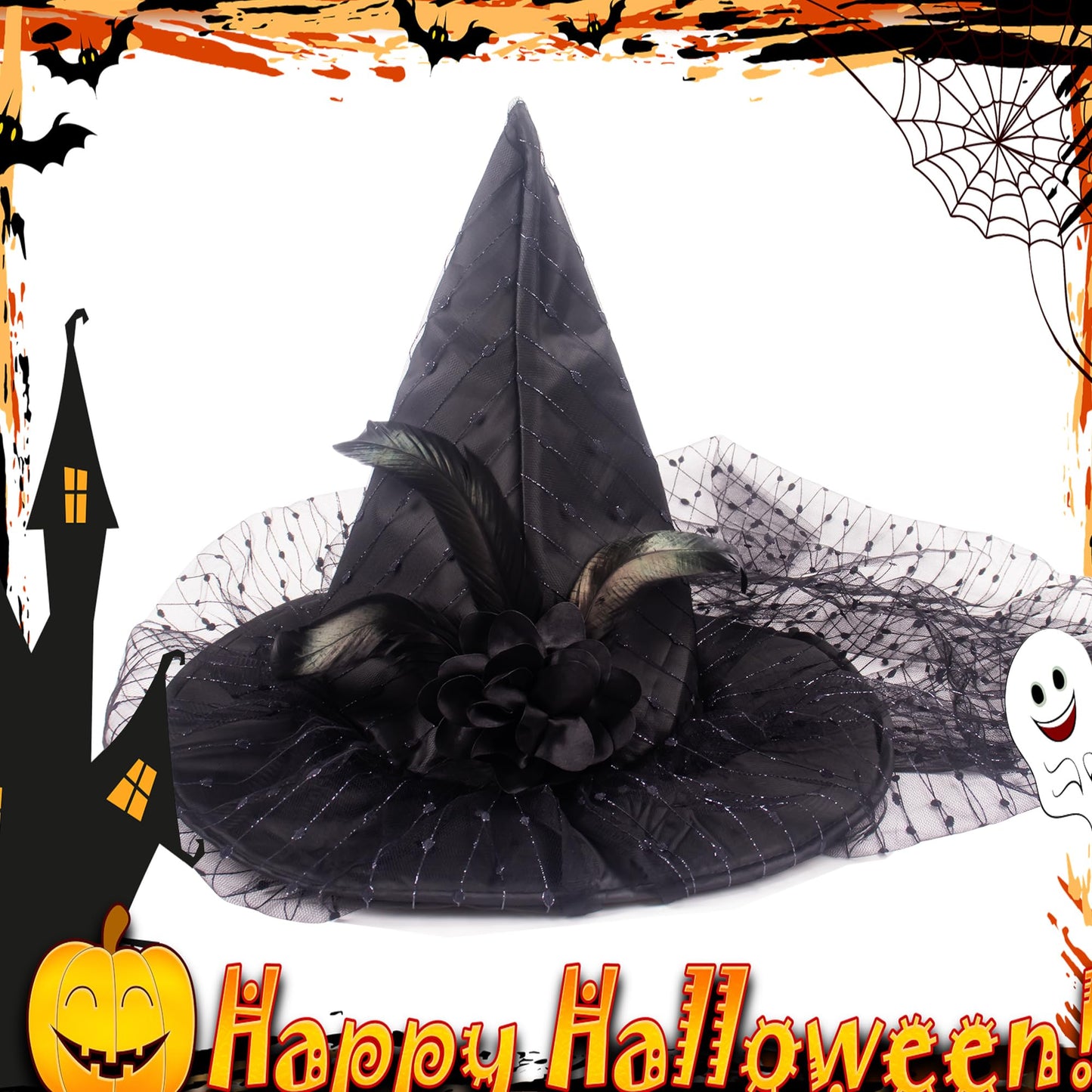Suwaoo Halloween Witch Hat - Lace Halloween Costumes Outfit for Women, Witches hats for Women Adult Attached Veils Cosplay Costume Halloween Accessories for Decorations, Standard, Black