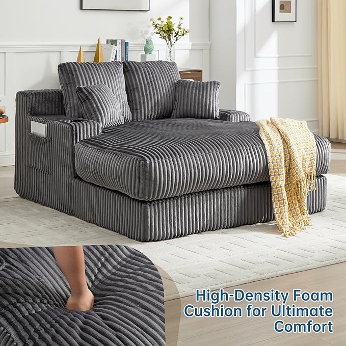 Asukale 60" Oversized Chaise Lounge Chair Indoor, Boneless Cloud Chair Bed with 4 Pillows & Armrests, No Assembly Corduroy Upholstered Sofa for Living Room, Bedroom, Apartment(Dark Grey)