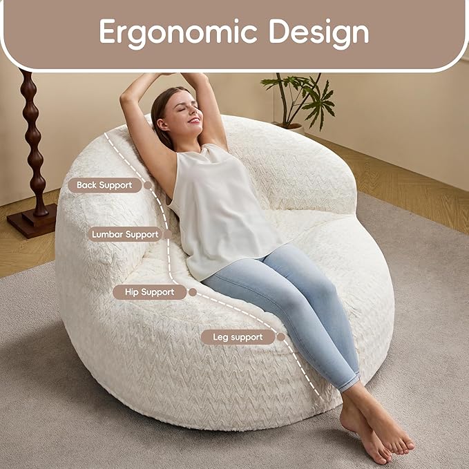 Hobestluk Bean Bag Chair Giant Bean Bag Chairs for Adults Big Bean Bag Chair with Memory Foam Filler Adults Large Beanbag with Faux Fur Cover for Bedroom (Chevron White,Large)
