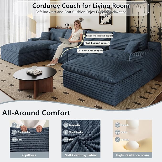 136" Cloud Sectional Couch U-Shaped Chaise with Ottoman, Corduroy Boneless Couch for Living Room Bedroom, Deep-Seat Upholstered Modular Cloud Sofa, No Assembly Required (Blue, Left Facing Chaise)