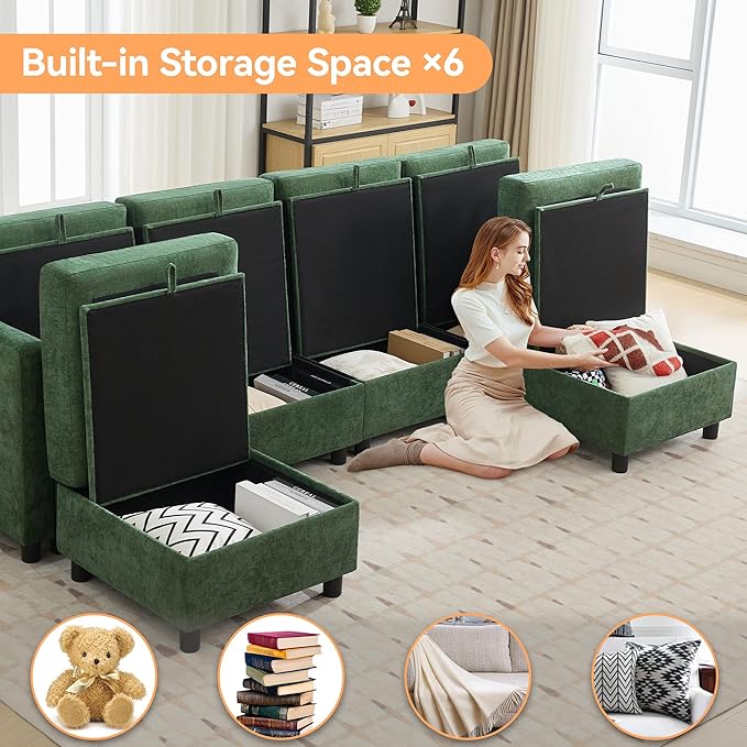 WUTUTUEE 107”Modular Sectional Sofa Convertible U Shaped Sofa Couch Set with Storage for Living Room, Modern 6 Seater Modular Sectional Couch with Movable Ottoman, Chenille Dark Green