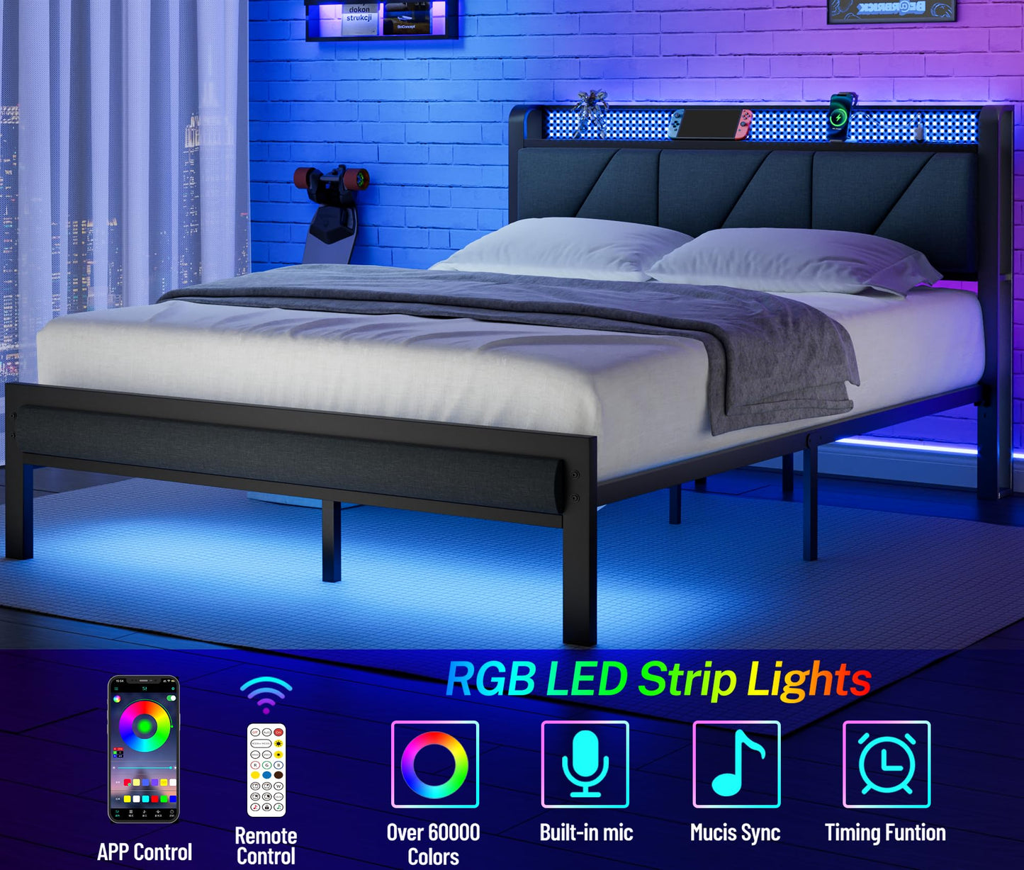 Furnulem Queen Size Bed Frame with Headboard and LED Lights, Upholstered Bedframe with Charging Station and USB Port, Platform Metal Bed Frames, No Box Spring Needed, Noise Free