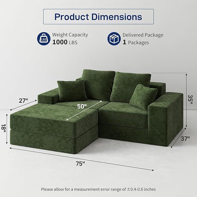 Cloud Modular Sectional Sofa, Comfy Boneless Couch for Living Room, Modern L-Shaped Couch with Reversible Chaise, Customizable Sleeper Sofa with Non Slip, No Assembly & Deep Seat, Green