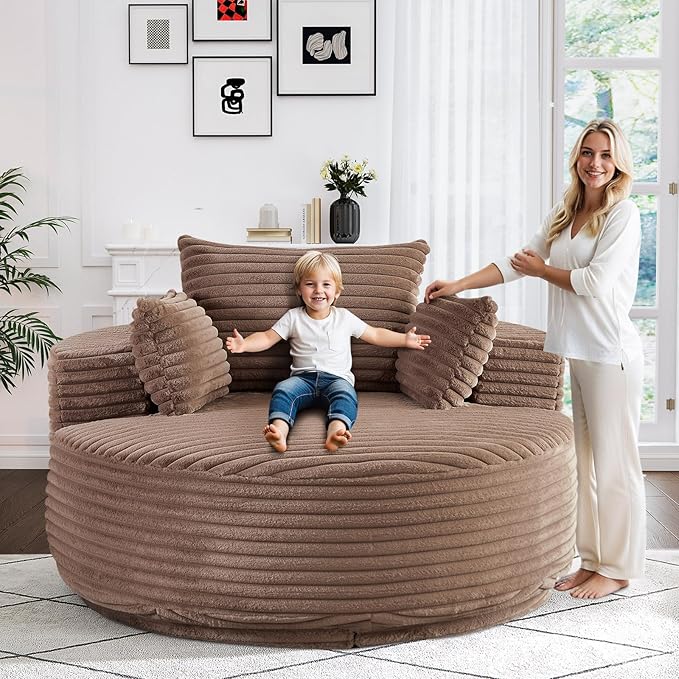 360-Degree Oversized Swivel Chair, Modern Round Circle Corduroy Comfy Deep Seat Swivel Accent Chaise Lounge Sofa Chair with Back Cushion & 2 Throw Pillows for Living Room Bedroom Office, Brown