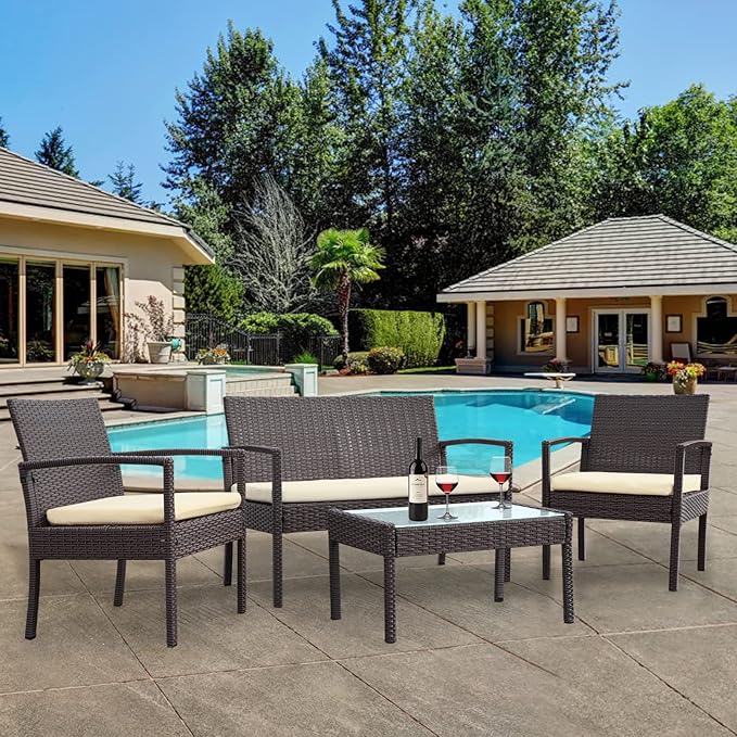 PAOLFOX 4 Piece Outdoor Patio Furniture Set, Rattan Patio Conversation Set with Table,Modern Wicker Chairs and Table Sets,Outdoor Furniture for Porch, Garden, Lawn,Beige