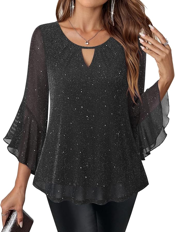 VALOLIA Womens Sparkly Tops Dressy Ruffle 3/4 Sleeve Blouses Glitter Cocktail Party Evening Shirts