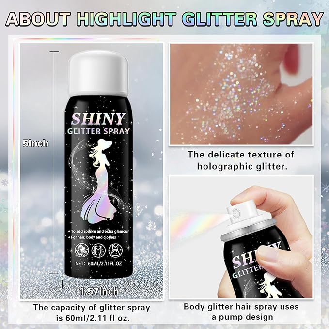 Body Glitter Spray, 60ML Shiny Pink Glitter Spray for Hair Body and Clothes,Long-Lasting Quick-Drying Holographic Ultra Fine Powder Glitter Hairspray for Festival Rave Stage Prom 2.11 Fl Oz