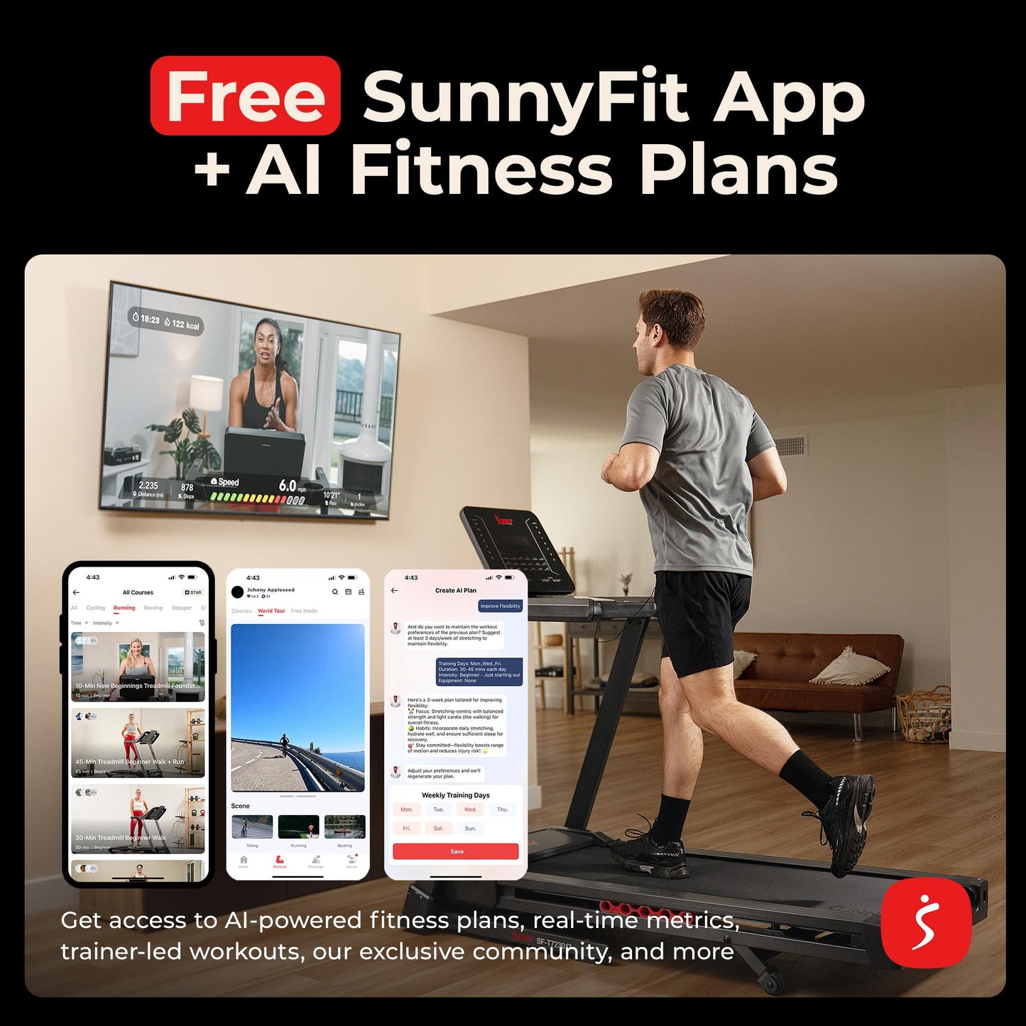 Sunny Health & Fitness Excel Smart Auto Incline/Decline for Home Use, 20” Wide Running and Walking Deck, Flex Shock Suspension with 300 LB Weight Capacity Bluetooth SunnyFit App - SF-T723017