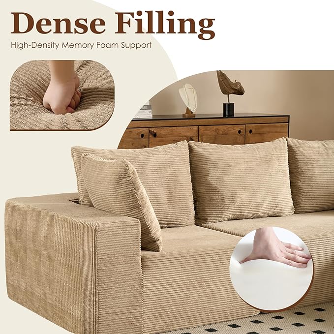 INGEROOM 108" Cloud Sectional Couch with L-Shape Chaise, Modular Sofa Memory Foam, Boneless Sofa with Movable Ottoman, Plush Corduroy Memory Foam Couch for Living Room, No Assembly, Beige Taupe