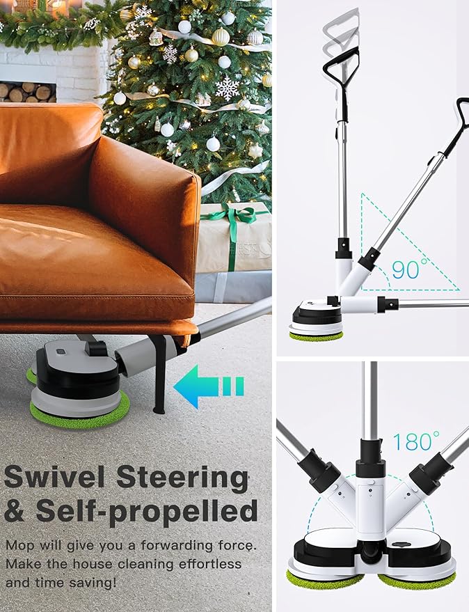 Cordless Electric Mop, Floor Cleaner with LED Headlight & Water Sprayer, Up to 60 Mins Detachable Battery, Dual-Motor Powerful Spin Mop, 300ML Water Tank for Multi-Surface, Self-Propelled