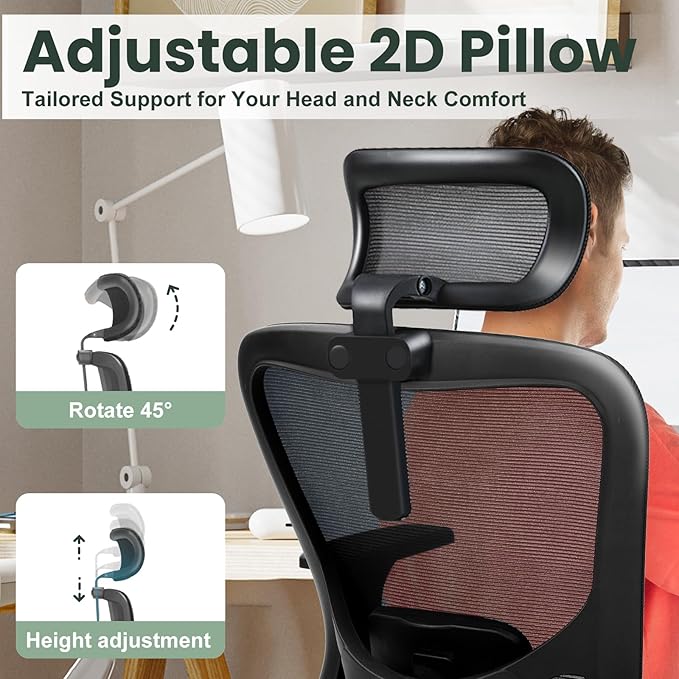 ZYFFHYLAI Ergonomic Office Chair - 350LB Mesh Office Chair with Adjustable Lumbar, High Back Computer Desk Chair with 3D Armrest, Comfy Chair with 2D Headrest & Tilt Function for Study, Work, Gaming