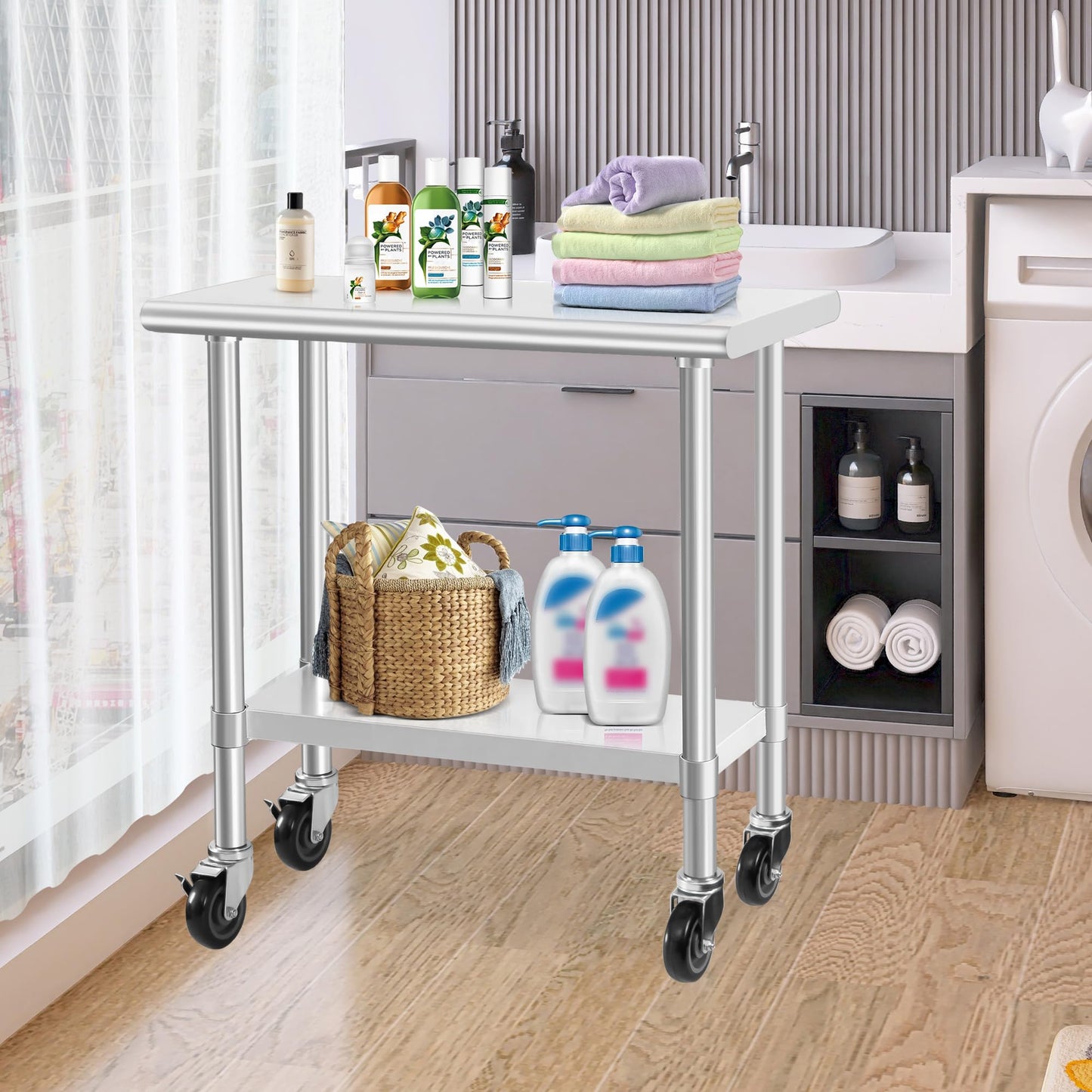 HARDURA Stainless Steel Commercial Table Prep & Work Table with Casters Heavy Duty Metal Table with Wheels NSF 430 18×36 Inches