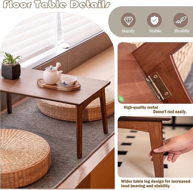 Kuabner Wooden Folding Coffee Table No Assembly Low Collapsible Japanese Floor Table Small Spaces Tatami FoldableTable for Living Room Home Office (Walnut,Compact)