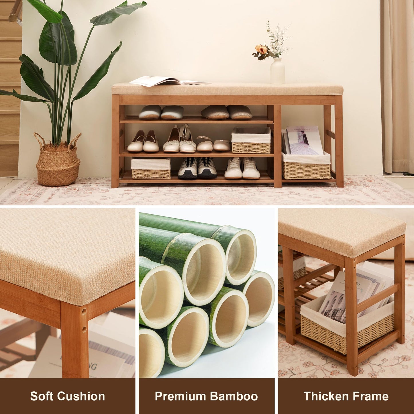 PETKABOO 47.2 in Shoe Rack Bench with Cushion, 3 Tier Bamboo Entryway Bench with Storage for Entryway, Hallway, Bedroom, Living Room