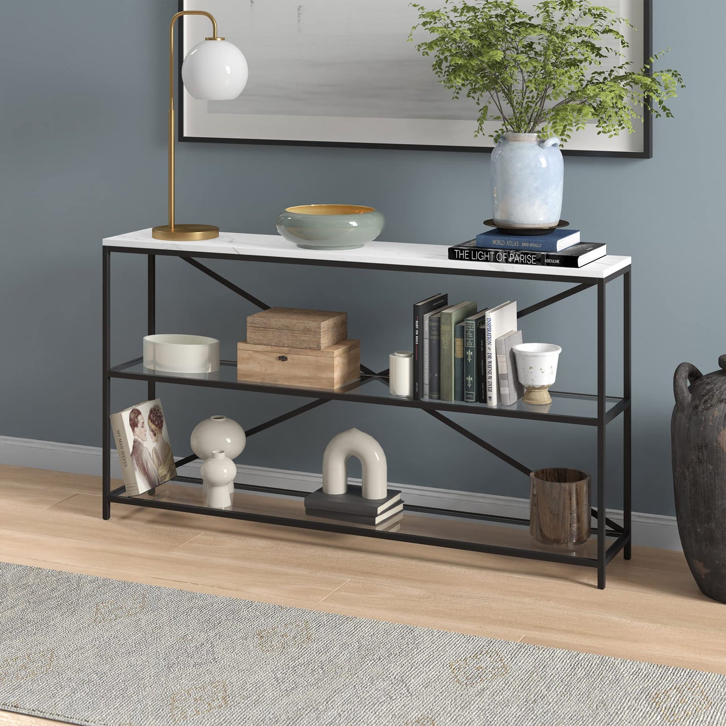 Fionn 55" Wide Rectangular Console Table with Faux Marble Top in Blackened Bronze