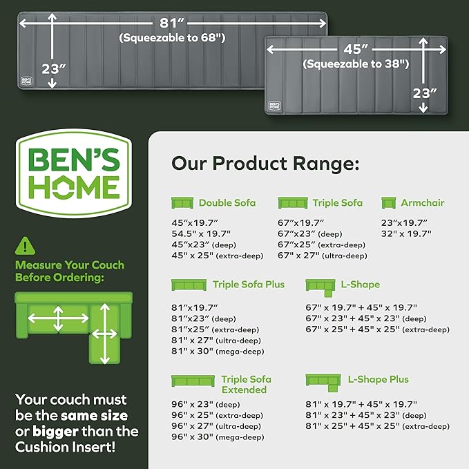 BEN'SHOME® Heavy Duty Sectional Cushion Support Board – Instantly Repair Sagging Sofa Seat | 23" x 81"+45" | .5" Furniture Grade Wood Under Cushions Insert, Anti-Slip, Extend Sofas & Couches Life