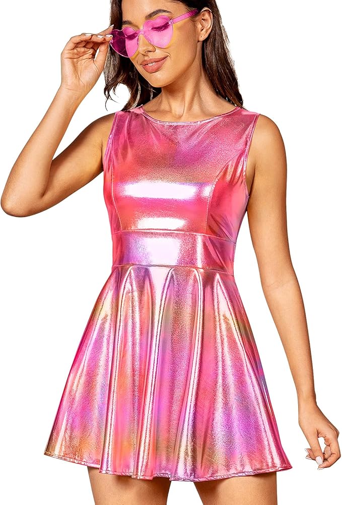 techcity Women's Metallic Shiny Dress Sparkle Flared Pleated Mini Dress with Glasses Club Party Disco Dance Costume