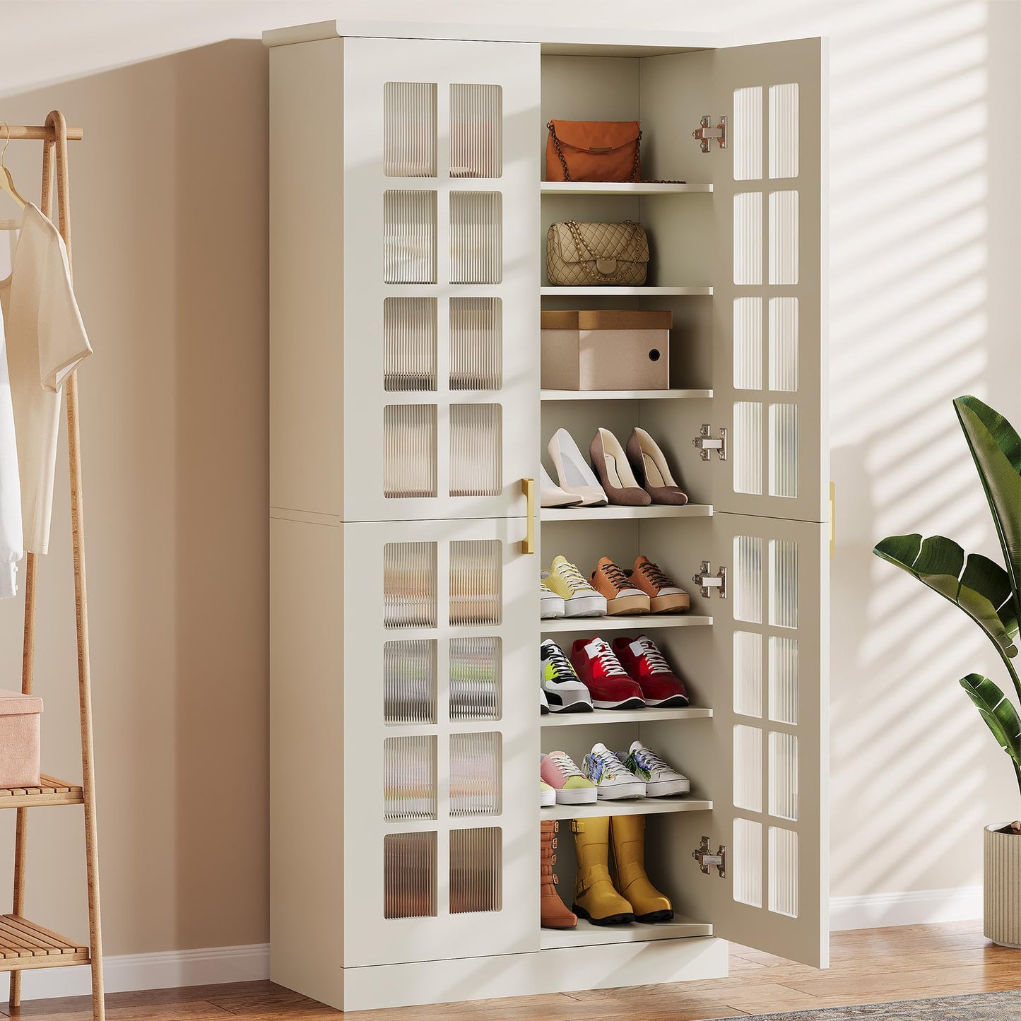 Tribesigns 71-Inch Tall Shoe Cabinet with Doors, 8-Tier Shoe Storage with Adjustable Shelves, Modern Shoe Organizer Shoe Rack Cabinet for Entryway, Hallway, Closet, Living Room, White and Gold