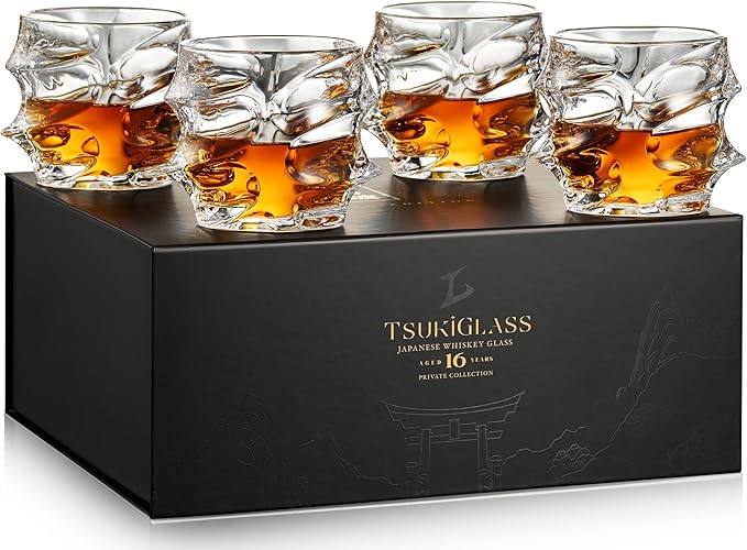 TSUKIGLASS® Storm Premium Japanese Crystal Whisky Glasses Set of 4 - Gift Ready Box, 100% Ultra Clarity Lead-Free Crystal,...