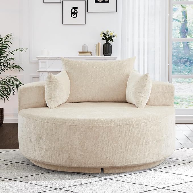 Oversized Round Swivel Chaise Longue Chair Indoor, Modern 55-inch 360 Degree Swivel Upholstered Chenille Deep Seat Circle Single Cloud Sofa Chair for Living Room Bedroom Apartment Office, Beige