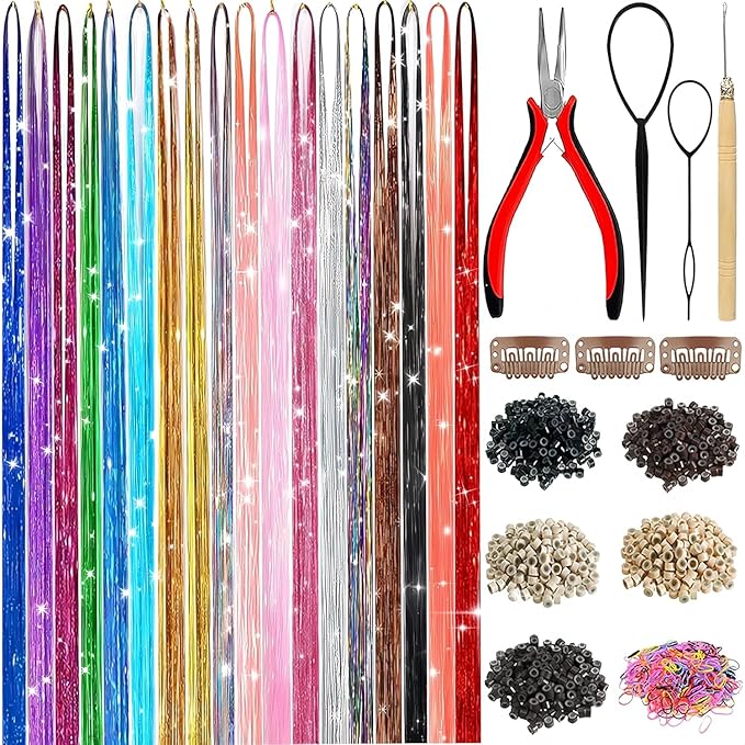 Hair Tinsel,18 Colors Hair Tinsel Kit for Girls 7600 Strands Fairy Tinsel Hair Extensions Holographic Hair Tinsel Heat Res...