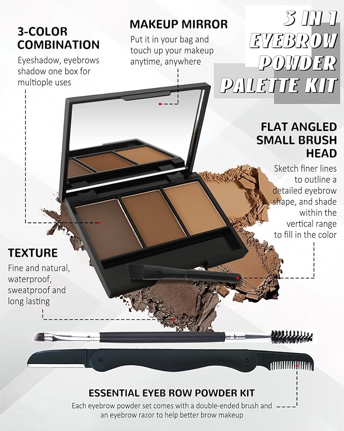Eyebrow Powder Kit,3 Color Auburn Brown Black Gray Eye Brow Powder Palette with Razor Brush, Long Lasting Waterproof Brow Filler Fill & Sculpt Full Eyebrows, Thanksgiving Makeup Gift Set for Women-03