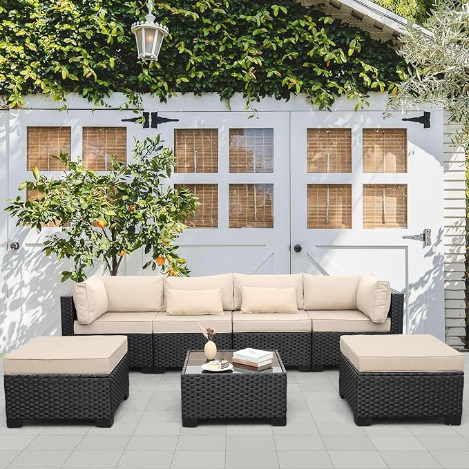 Lviden 7 Pieces Outdoor PE Wicker Furniture Set Patio Rattan Sectional Conversation Sofa Set with Khaki Cushions and Glass Top Table