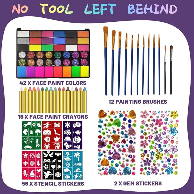 SAM SUGAR Face Painting for Kids 42 Colors Non-Toxic Vibrant Colors Professional kids face painting with 16 Crayons 56 Sticky Stencils 12 Paint Brushes for Halloween Parties
