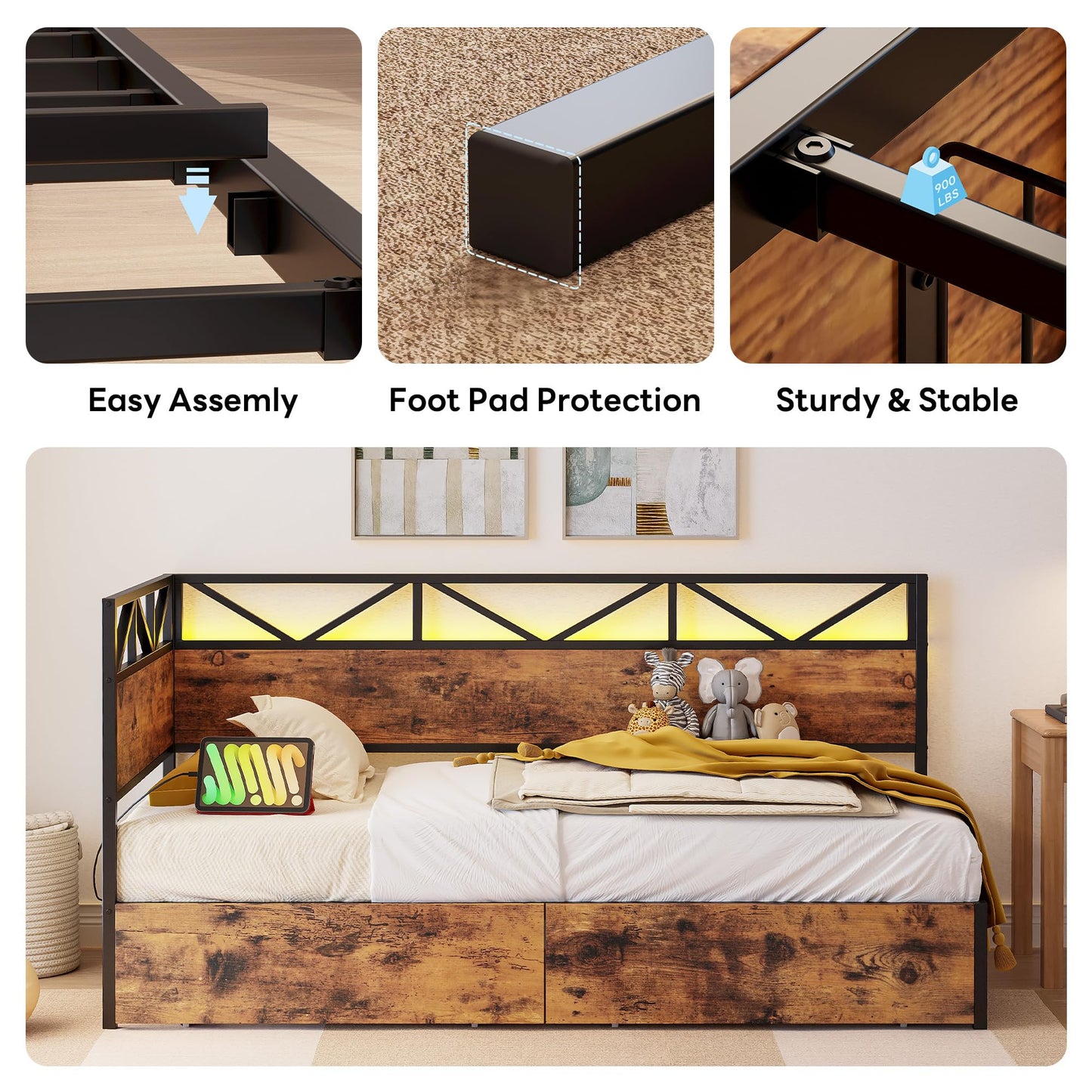 LIKIMIO Twin Daybed with Storage Drawers and Charging Station, Corner Bed Frames with Headboard and LED Lights, Industrial Brown