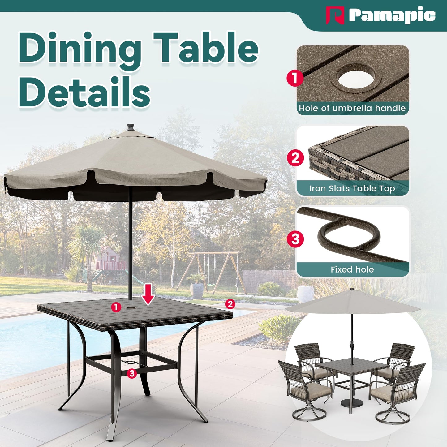 Pamapic 5 Piece Outdoor Furniture Set, Rattan Outdoor Patio Furniture Set for Deck Backyard with Iron Slats Outdoor Dining Table, 4 Swivel Outdoor Dining Chairs and Removable Cushions (Beige)
