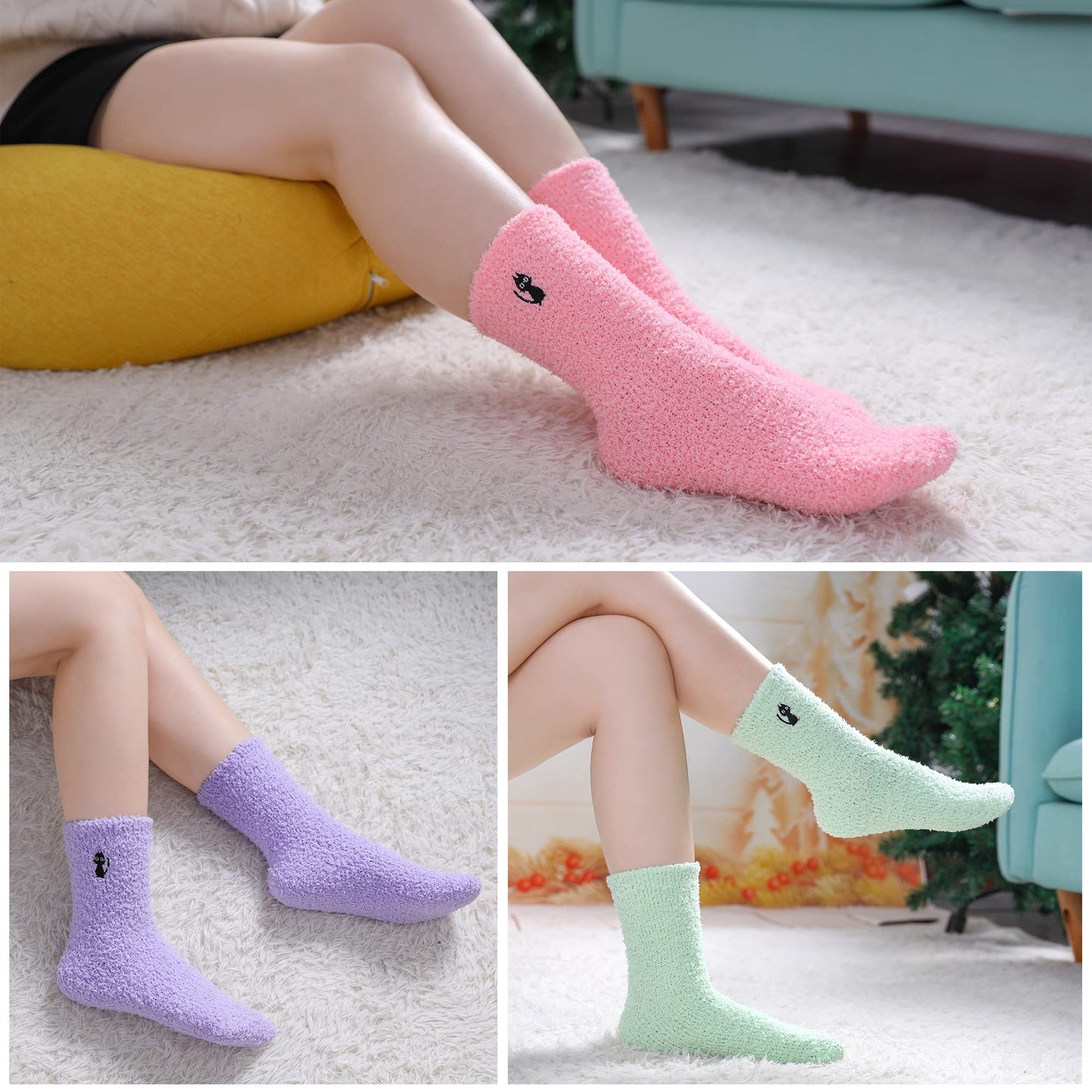 MQELONG Womens Super Soft Fuzzy Cozy Home Sleeping Socks Microfiber Winter Warm Slipper Socks (5 Pairs Cat)