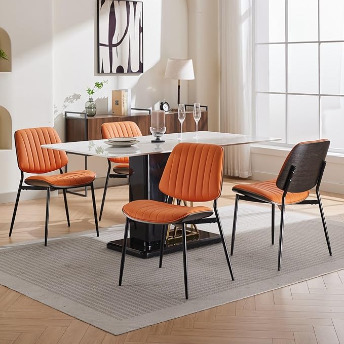 YaFiti Dining Chairs Set of 8, Mid Century Modern Accent Dining Room and Kitchen Chairs, Upholstered PU Leather Vertical Stripe Chairs for Vanity with Walnut Bentwood and Metal Legs, Orange