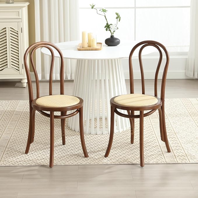 DM Furniture Walnut Dining Chairs Set of 6 Mid-Century Modern Rattan Desk Chairs with Backrest, Armless Bentwood Bistro Chairs for Dining/Kitchen Room,Home No Assembly Required, Walnut Wood