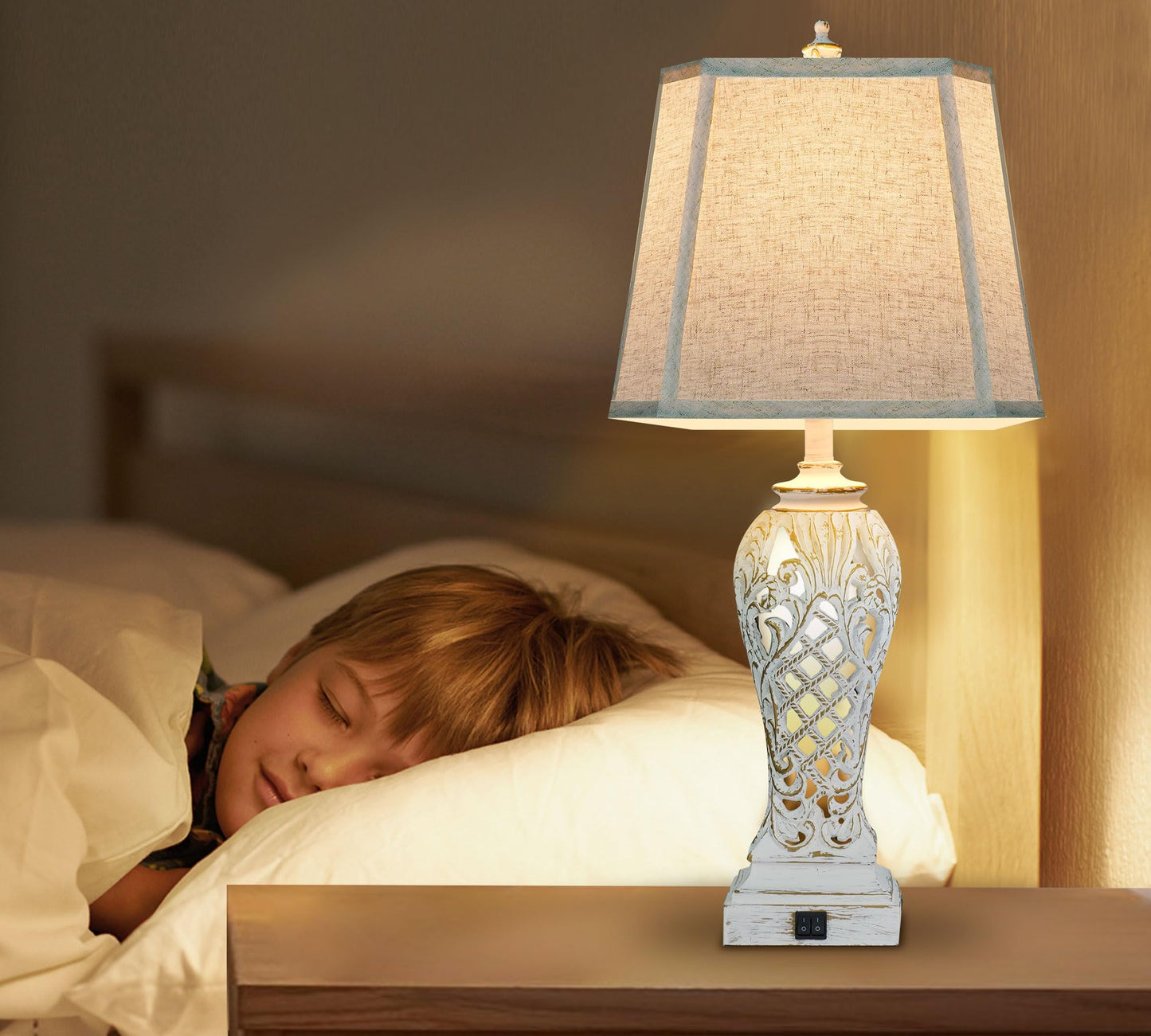 iKopyal Set of 2 Table Lamps for Bedroom Living Room, Bedside Lamp with Fabric Shades, 29'' Tall Coastal Nautical Lamp with USB and Nightlight
