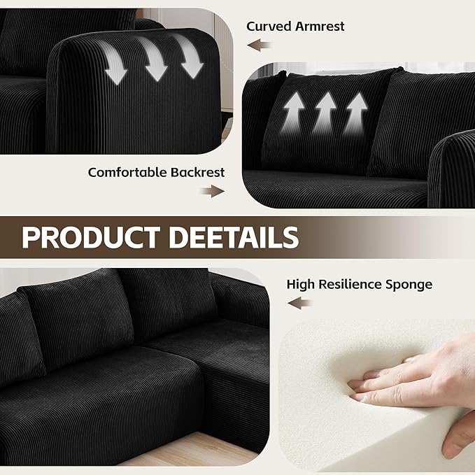 UMBFUN 103" Cloud Sectional Couch for Living Room, Boneless Couch with L-Shape Chaise, Modular Sectional Sofa with Deep Seat, Oversized Modular Sofa for Bedroom, No Assembly Required, Corduroy