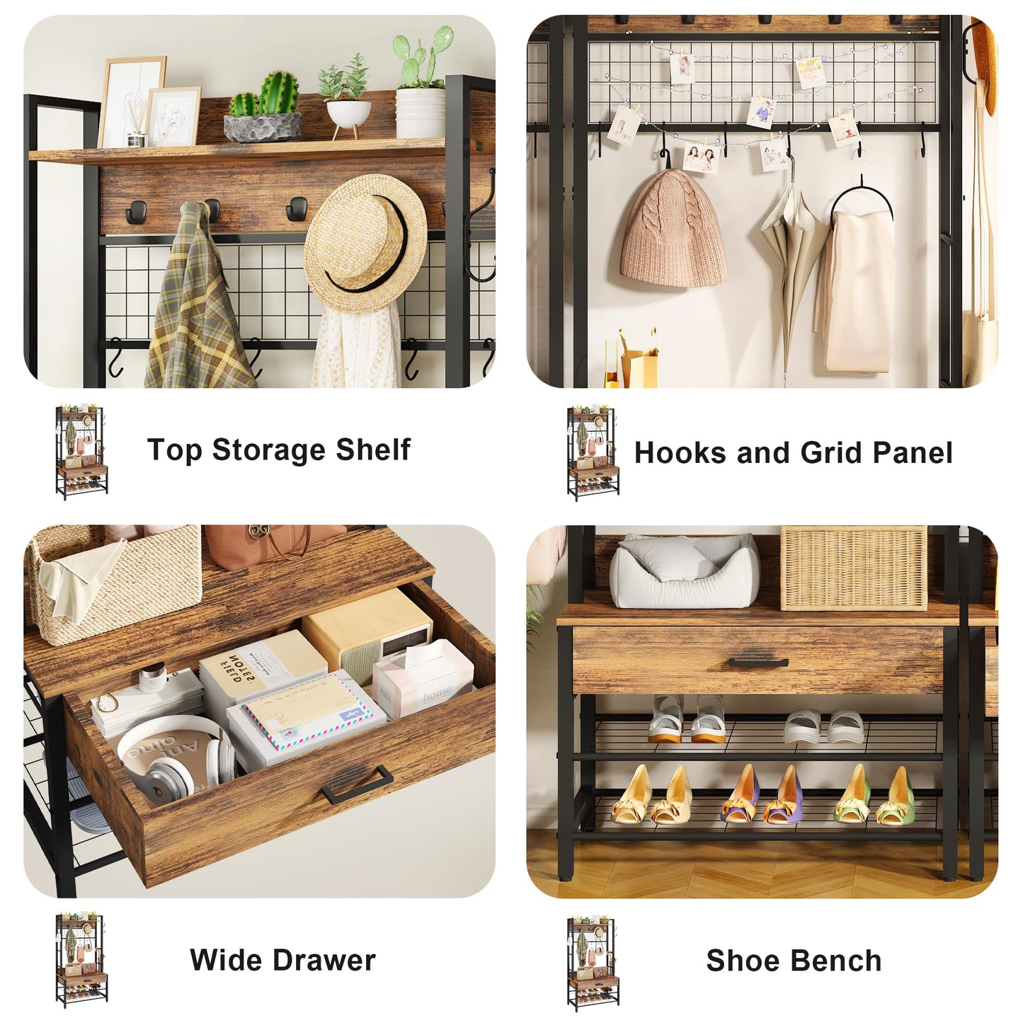 Recaceik Hall Tree, Entryway Coat Rack with Drawer, Industrial 5 in 1 Entryway Bench with Storage Shoe Rack and 12 Hooks, Freestanding Home Organizer with Shelf & Grid Panel, Anti-Dumping