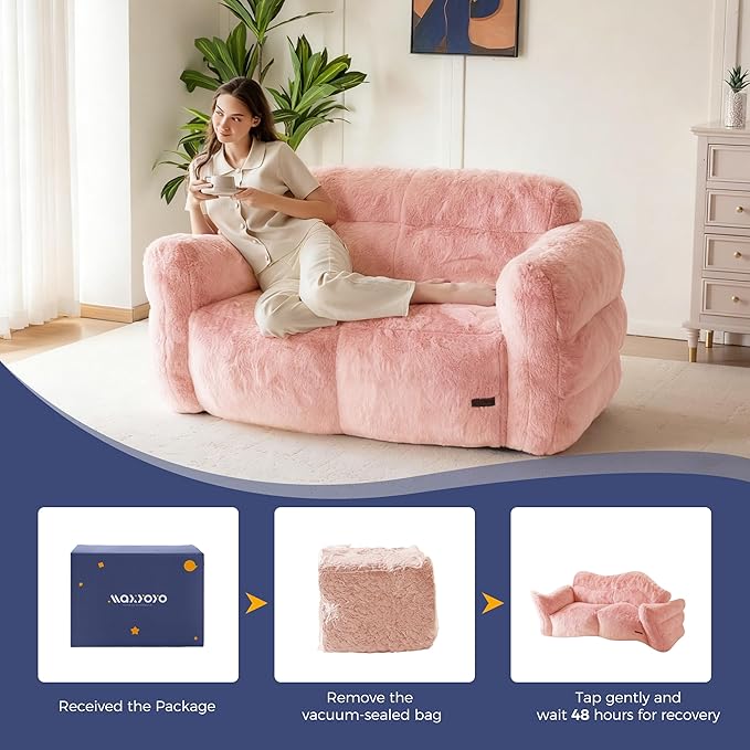 MAXYOYO Giant Bean Bag Chair for Adults, Ultra Soft Fluffy Loveseat Bean Bag Sofa, Oversized Floor Sofa for Living Room Bedroom, Cozy Reading Chair with Filler, Pink
