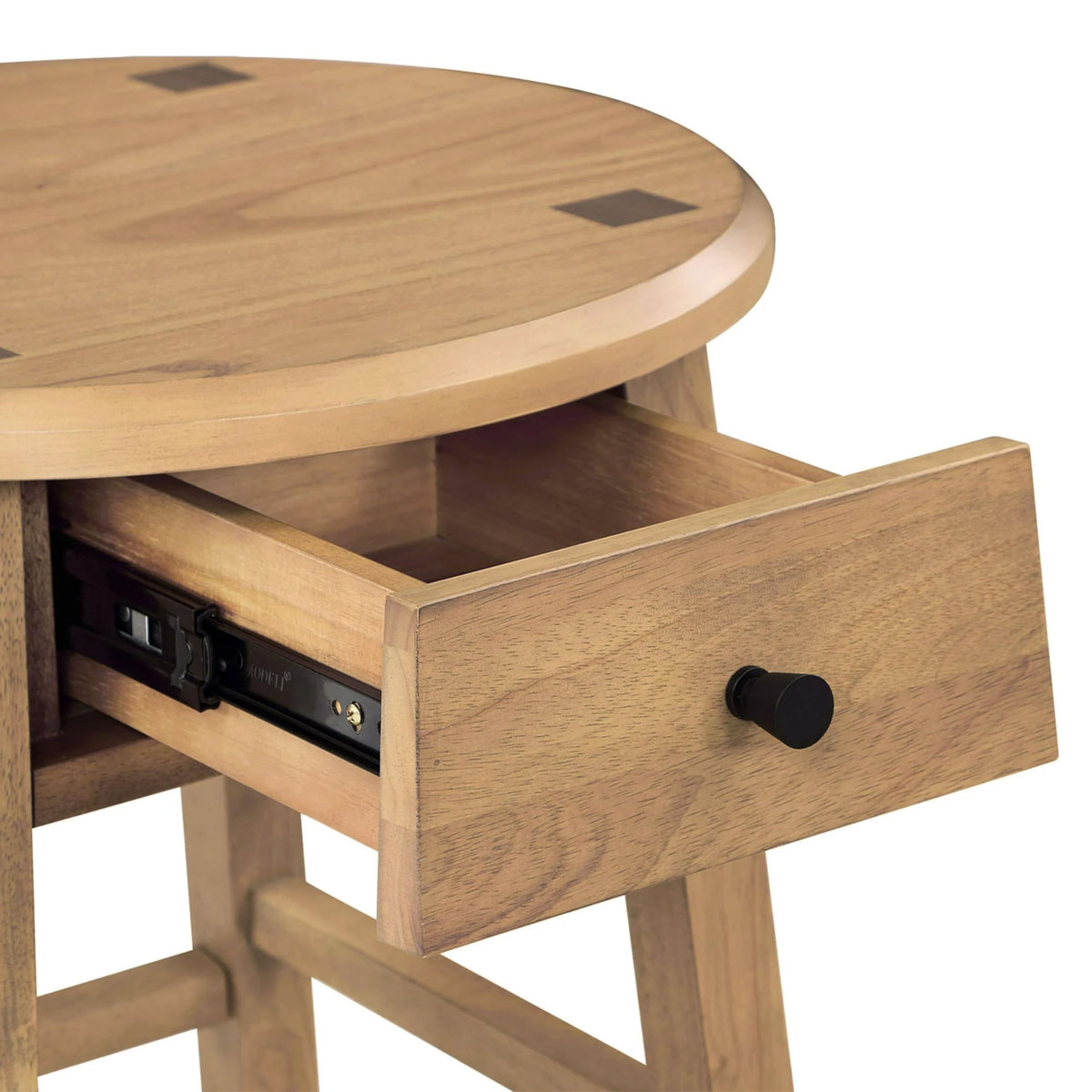 Set of 2 Solid Rubberwood Round Side Tables with Drawer, Natural Oak Painted Finish Sofa End Tables & Nightstands for Living Room, Bedroom