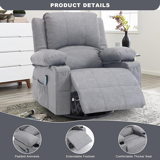 Comermax Massage Recliner Chair with Heat, 360° Swivel Rocker Recliner Chair with Cup Holders, 150° Recline PU Leather Recliner for Living Room,Grey