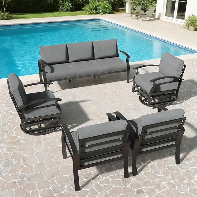 RTDTD Aluminum Outdoor Patio Furniture Set,5 Pieces 7 Seats Patio Conversation Sets with 2 Swivel Rocking Chairs,Metal Patio Sectional Furniture Set with 5.1" Thickened Cushions,Grey