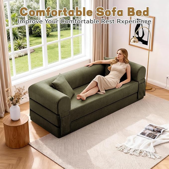 GJQ Convertible Folding Sofa Bed,78.5 Inch Faux Leather Futon Couch with Pillows & Storage Pocket,5-in-1 Queen Sleeper Sofa in a Box with Pull Out Bed,Boneless Couch for Living Room Bedroom,Green