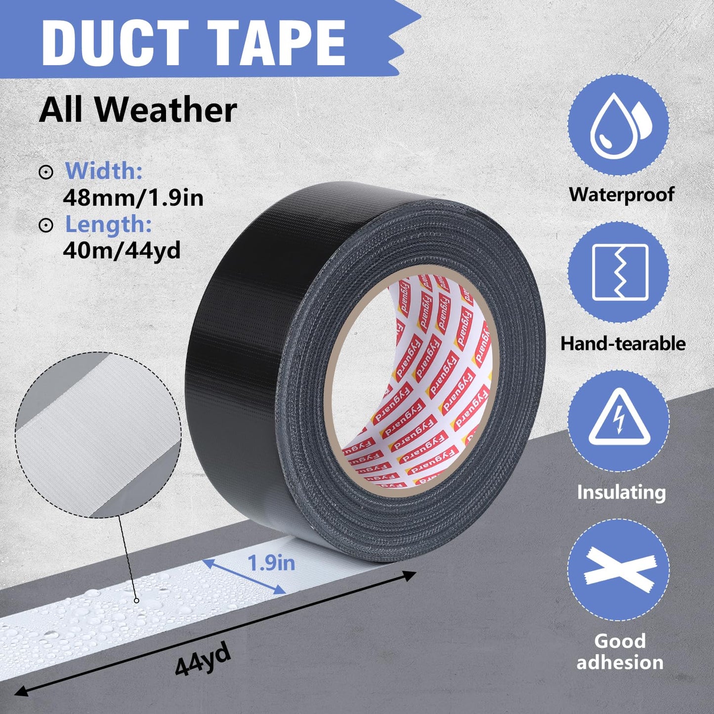 Fyguard 3 Pack Duct Tape 1.89In × 132Yd Total Heavy Duty Waterproof Tape, 8.26Mil All-Weather Adhesive Repair Duct Tape for Indoor Outdoor Repair Fixation Reinforcement Sealing(Black Silver White)