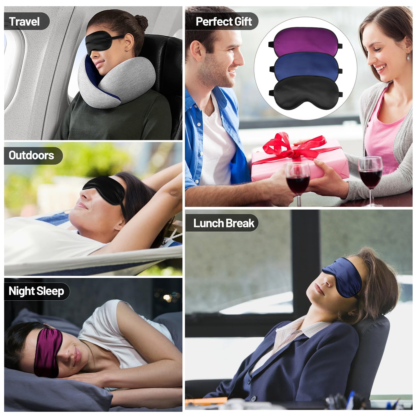 Sleep Mask, Silk Eye Mask for Sleeping with Adjustable Strap, Blindfold Eyeshade for Men & Women, Comfortable & Soft Eye Cover Eyeshade for Night Sleep (Black, Blue, Purple)