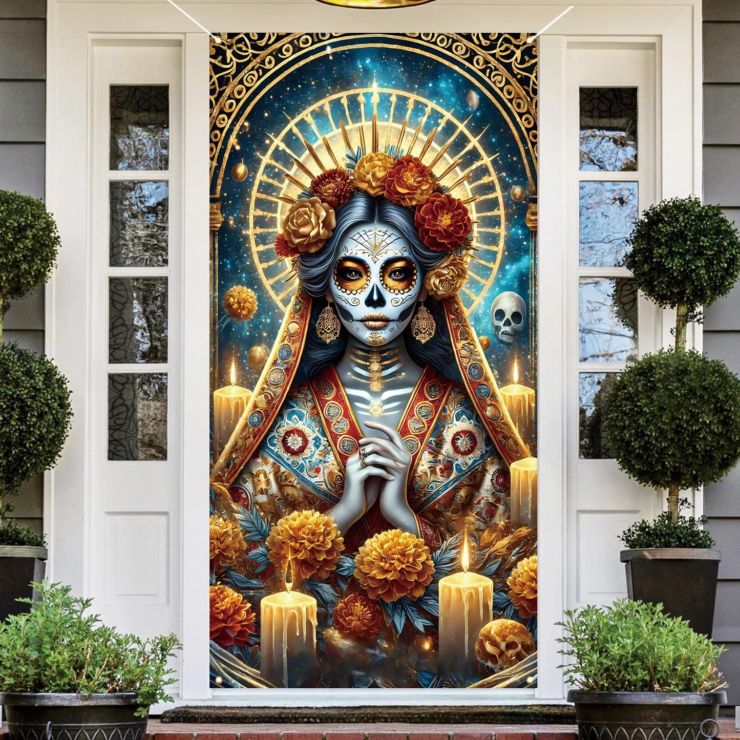 Dia De Los Muertos Door Cover Day of The Dead Front Porch Door Sign Banner Gothic Halloween Sugar Skull Marigold Flowers Decorations and Supplies for Home