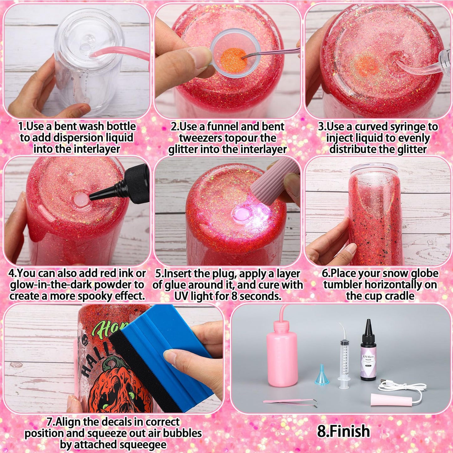 Meanplan 4 Pack Halloween DIY Snow Globe Tumbler 16oz Cup Wraps Pink Ribbon Glitter Supplies Kit Double Wall Snowglobe Glass with Cup Holder Scraper Resin Flashlight for Snow Globe Glitter DIY