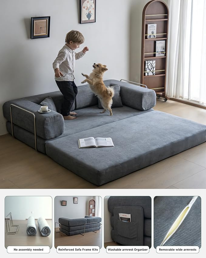No Assembly Convertible Sofa Bed & 79" Boneless Couch with Pocket , 5-in-1 Futon Sofa Bed with 2 Pillows Modular Pull Out Couch Bed with Frame,Compression in Box for Living Room Small Spaces Grey