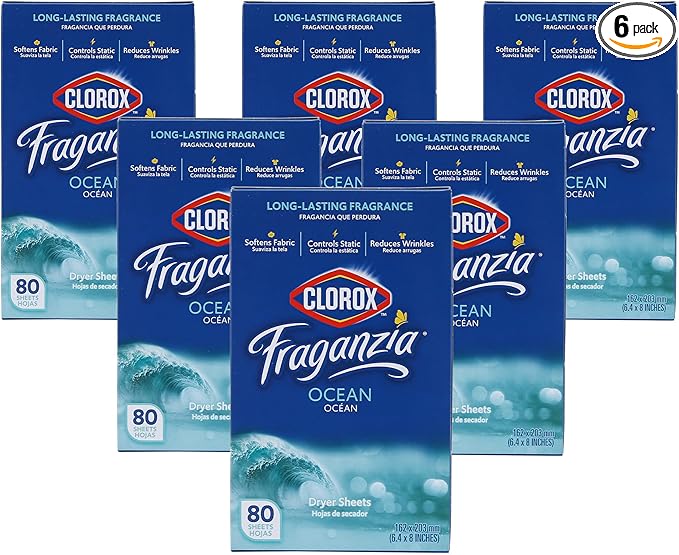 Clorox Fraganzia Fabric Softener Dryer Sheets, Ocean Scent - Wrinkle Reducing Scented Softening Laundry Dryer Sheets for Great Smelling Clothes, 80 Count - 6 Pack