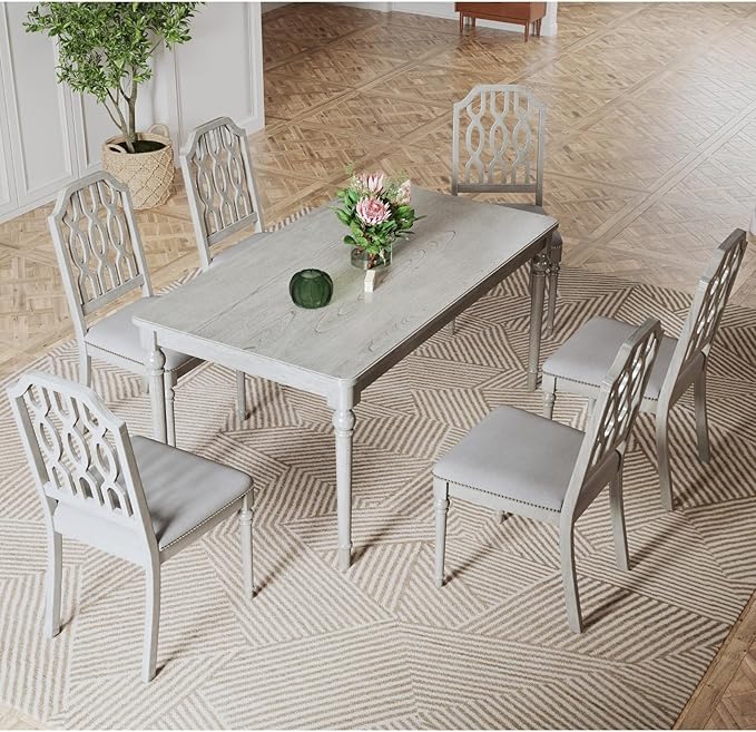 chairus Farmhouse Dining Chairs Set of 2, French Country Wooden Dining Room Chairs with Lattice Back & Nailhead Trim, Upholstered Linen Fabric Kitchen Side Chairs, Grey