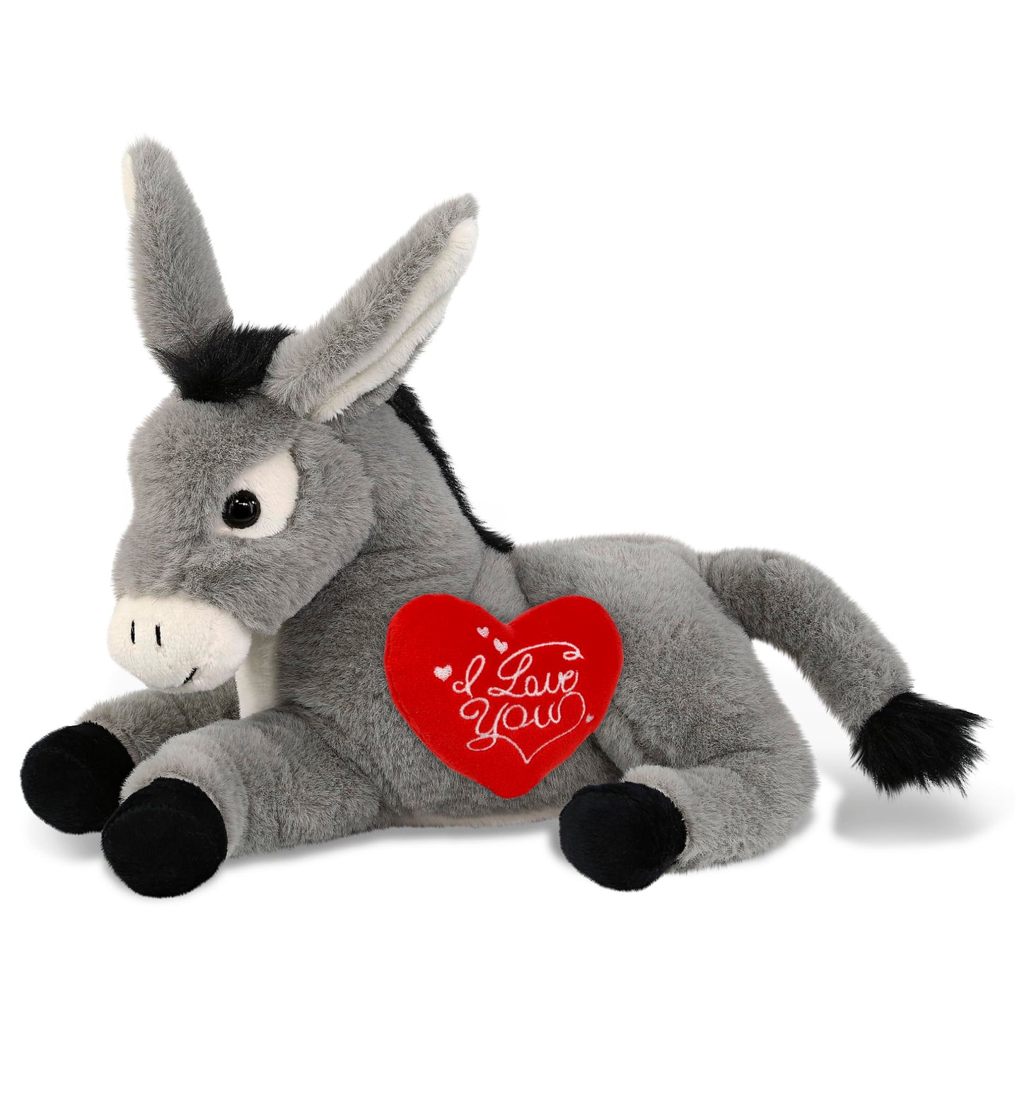 DolliBu I Love You Valentine Plush Super Soft Laying Donkey - Cute Stuffed Animal with Red Heart and Name Personalization Gift for Valentines Day, Birthday, Anniversary, Romantic Date - 9 Inches